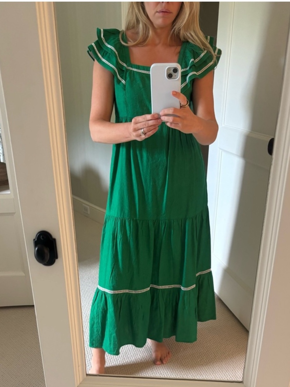 Tiered Green Maxi Dress with Ruffle Shoulders